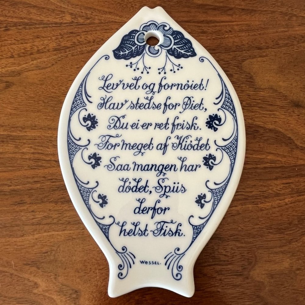Porsgrund Norway Porcelain Fish Shaped Trivet with Poem Midcentury Kitchen Decor